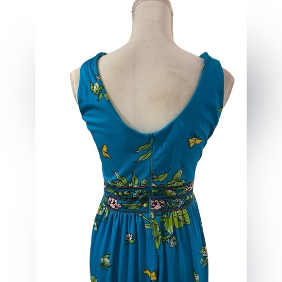 Vintage 60s bohemian Floral Blue sleeveless Maxi Dress Size 6 fit - Picture 5 of 7